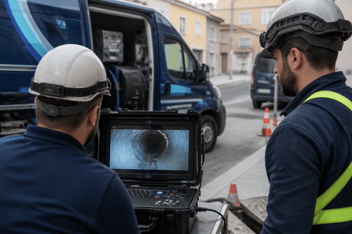 Monitor con imagen del interior de un conducto mientras un técnico revisa la inspección con cámara en Murcia